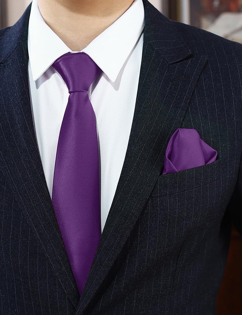 pensee Men's Tie Set Solid Pure Color 3.15" (8CM) Classic Formal Plain Necktie and Pocket Square Set For Men - Image 2